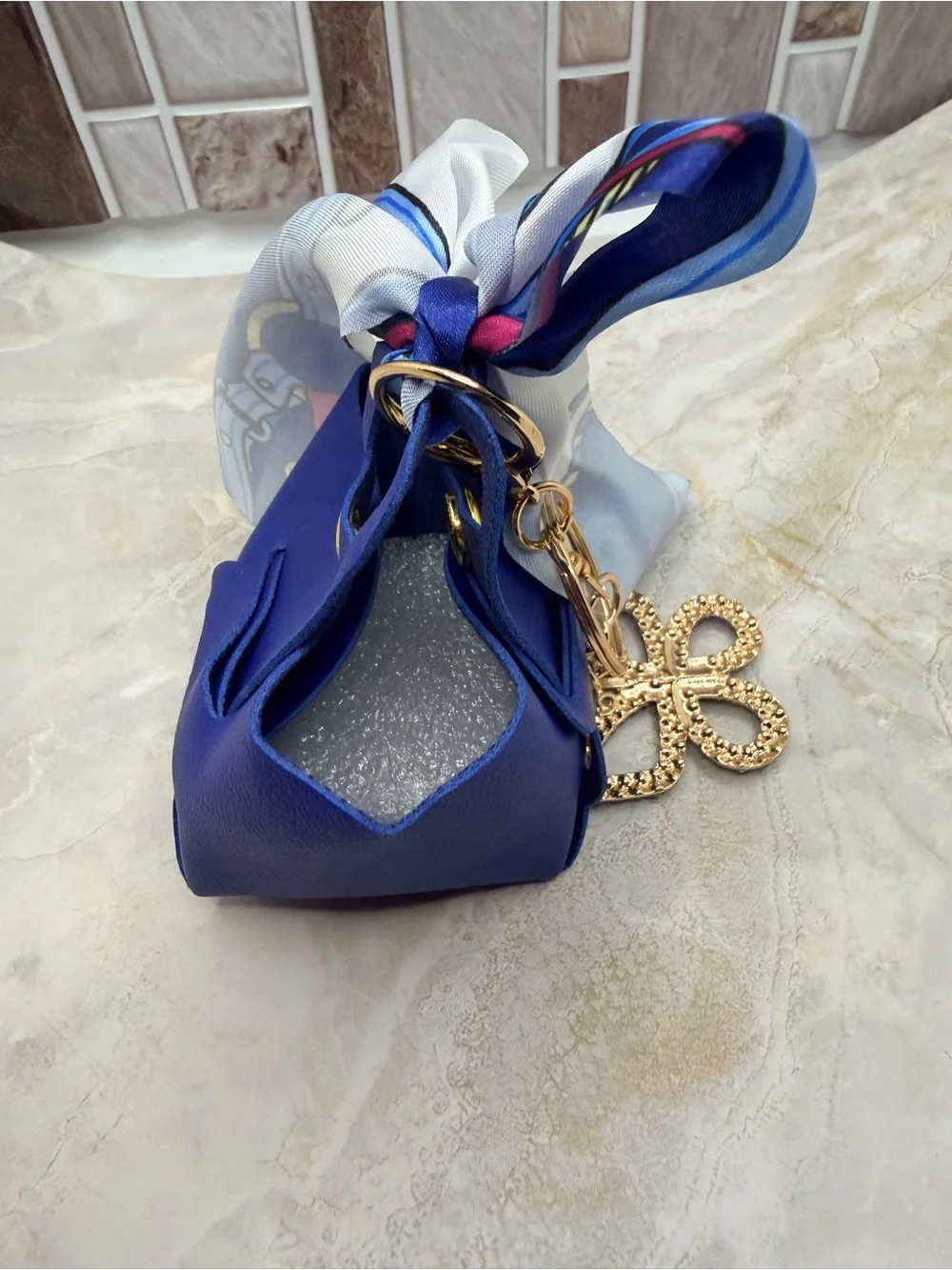 Blue Floral Scarf Keychain with Gold Flower Charm
